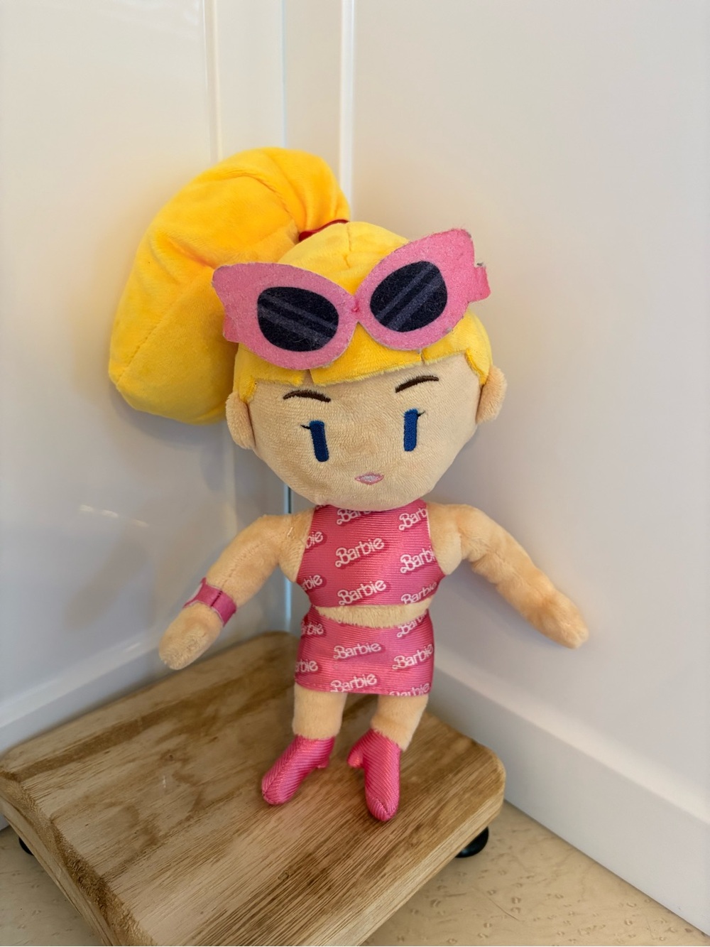 Barbie Pink Logo Outfit Plush Doll with Yellow Ponytail and Pink Sunglasses